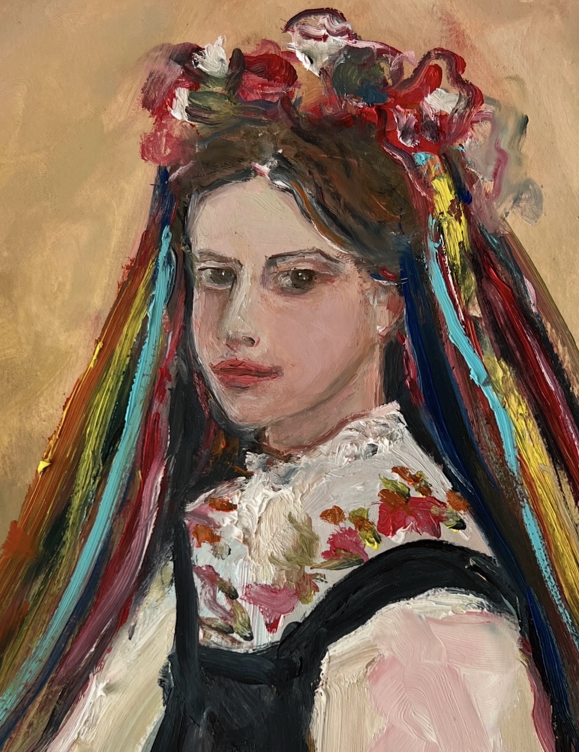 Detail of Ukrainian Girl in a Vyshyvanka and Flower Wreath by Marina Stognieva
